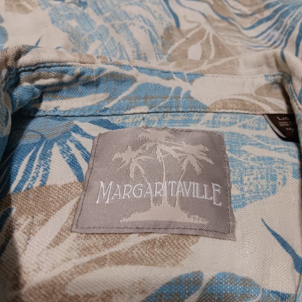 Margaritaville Hawaiian Shirt Mens Silk Linen Button Up Large Blue Palms - Picture 5 of 7